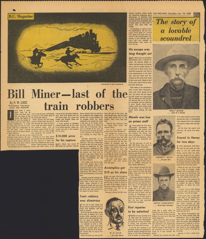 Newspaper page showing text, an illustration of two armed men on horseback approaching a train, a portrait of the author, and photographs of Bill Miner, Shorty Dunn and Lewis Colquhoun.